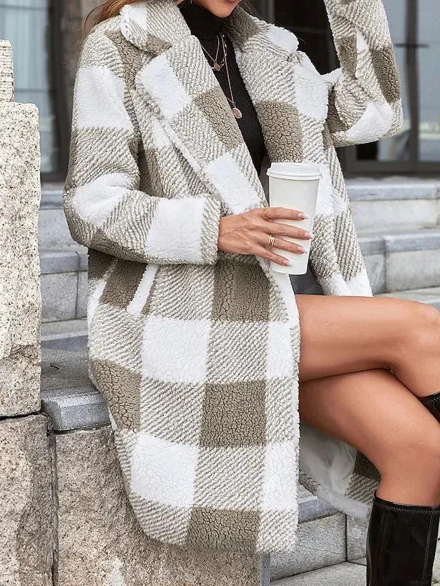 Women's Fleece Jacket Sherpa Jacket Teddy Coat Windproof Warm Long Coat Plaid Winter Coat with Pocket Open Front Heated Coat Outerwear Long Sleeve Fall Winter Wine Khaki S