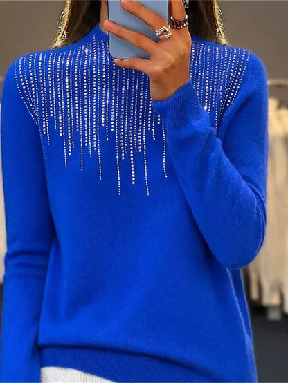 Women‘s Christmas Pullover Sweater Jumper Crew Neck Ribbed Knit Acrylic Sequins Fall Winter Regular Outdoor Daily Going out Xmas Stylish Casual Long Sleeve Solid Color Black White Light Green S M L