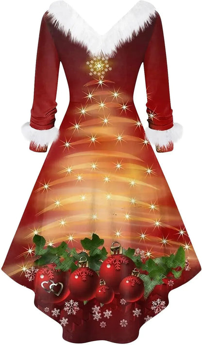 Womens Christmas Dress Fuzzy Mrs Claus Christmas Holiday Xmas Cocktail Holiday Party Flare Dress