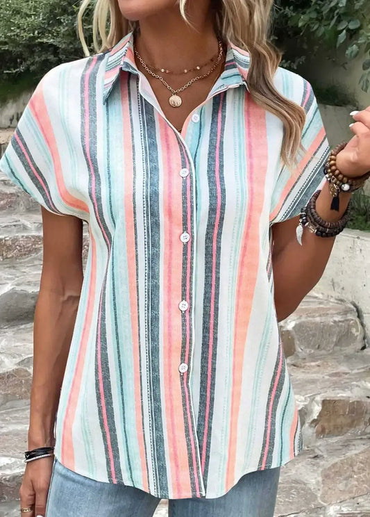 Multi Color Button Striped Short Sleeve Blouse