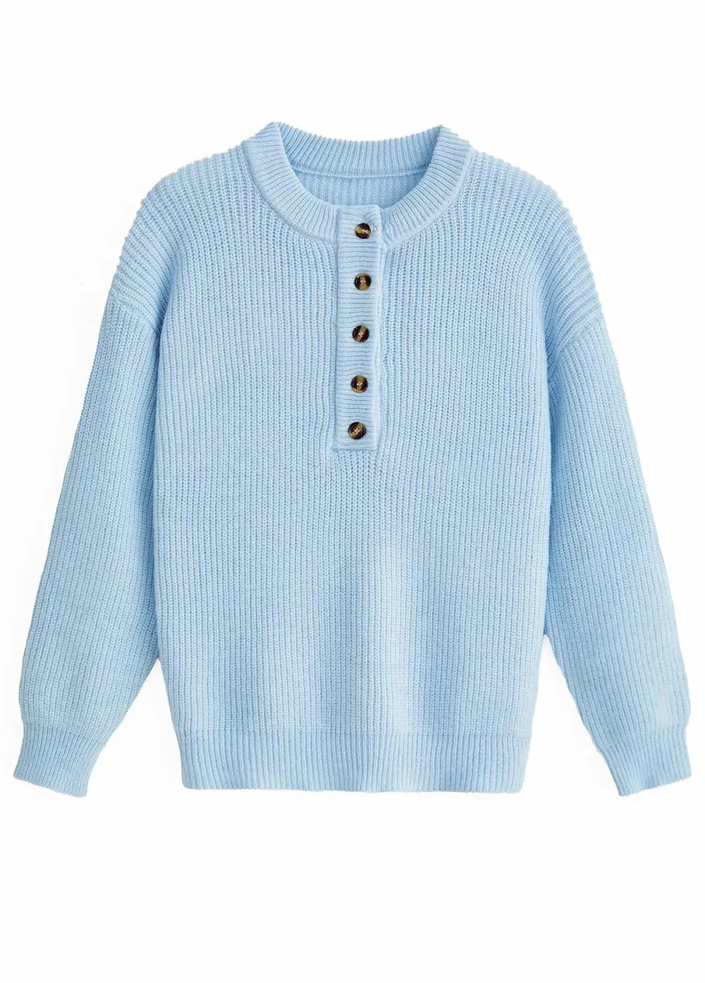 Light Blue Button Long Sleeve Split Neck Sweater