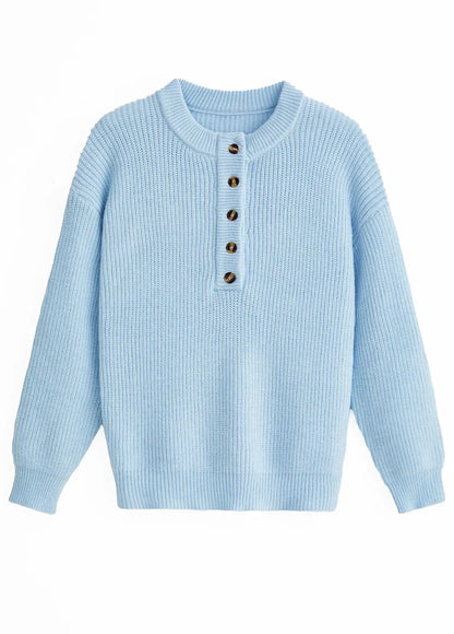 Light Blue Button Long Sleeve Split Neck Sweater