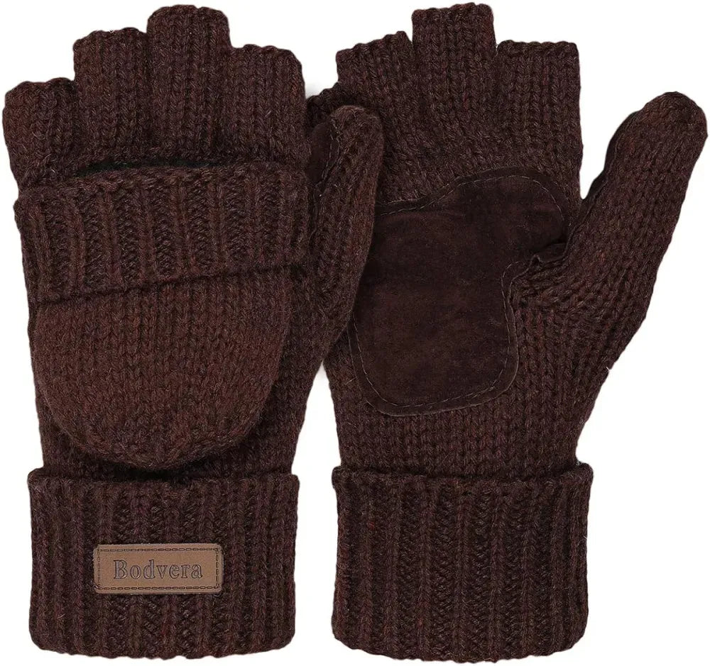 Bodvera Thermal Insulation Fingerless Texting Wool Gloves for Women and Men Winter Warm Knitted Convertible Mittens Flap