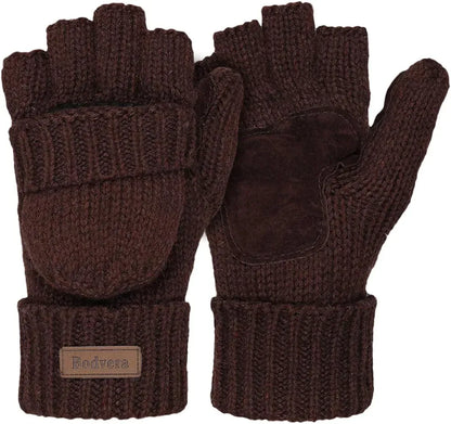 Bodvera Thermal Insulation Fingerless Texting Wool Gloves for Women and Men Winter Warm Knitted Convertible Mittens Flap