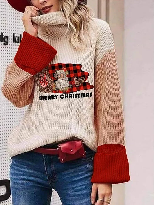 Women's Pullover Sweater Jumper Turtleneck Ribbed Knit Cotton Blend Oversized Fall Winter Regular Date Weekend Casual Soft Long Sleeve Santa Claus Red Green S M L