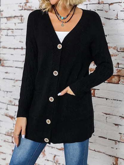 Women‘s Christmas Cardigan Sweater V Neck Cable Knit Polyester Button Pocket Fall Winter Long Outdoor Xmas Daily Going out Stylish Casual Soft Long Sleeve Solid Color Black Red Blue S M L