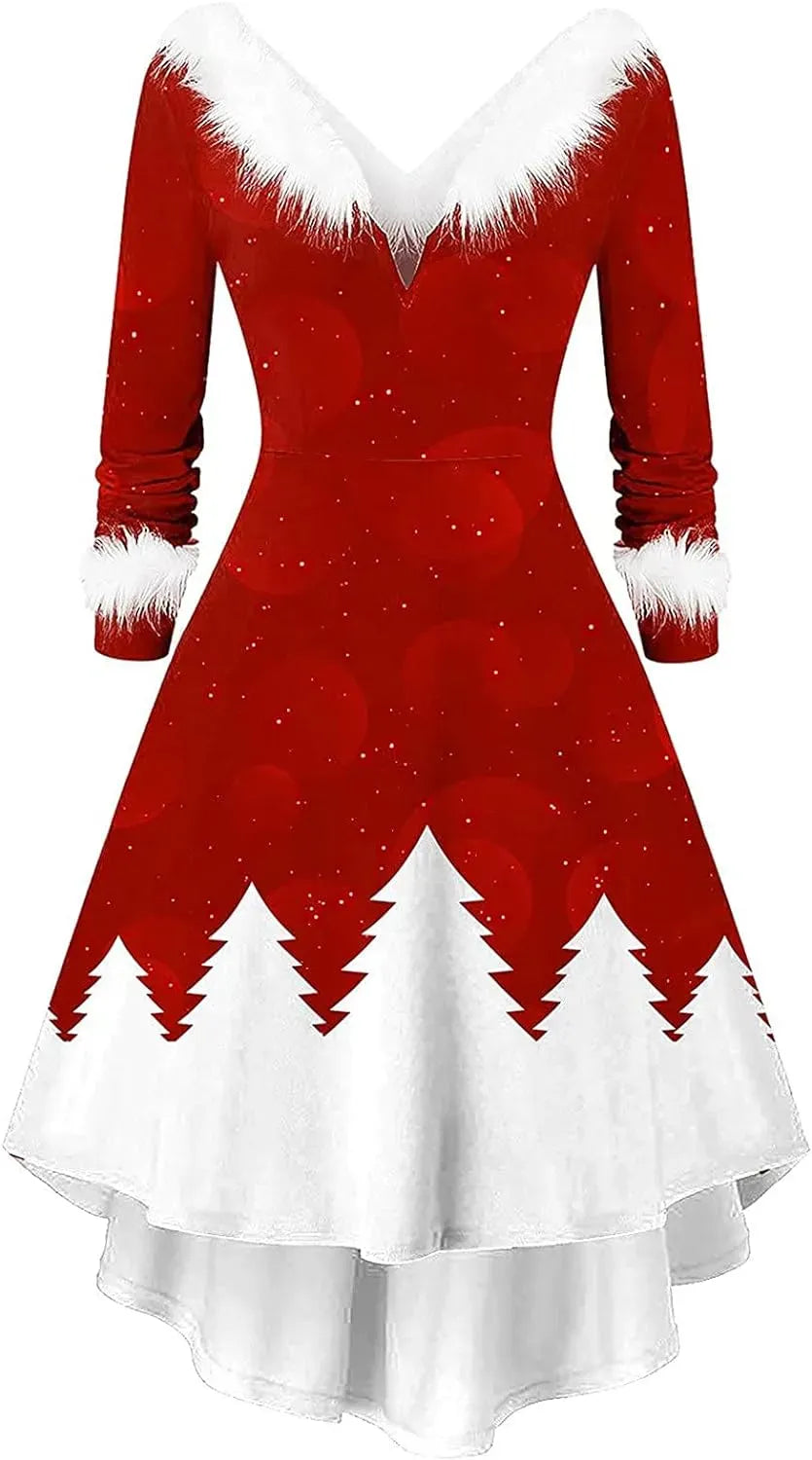 Womens Christmas Dress Fuzzy Mrs Claus Christmas Holiday Xmas Cocktail Holiday Party Flare Dress