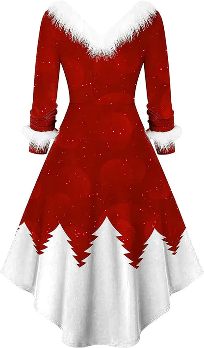 Womens Christmas Dress Fuzzy Mrs Claus Christmas Holiday Xmas Cocktail Holiday Party Flare Dress