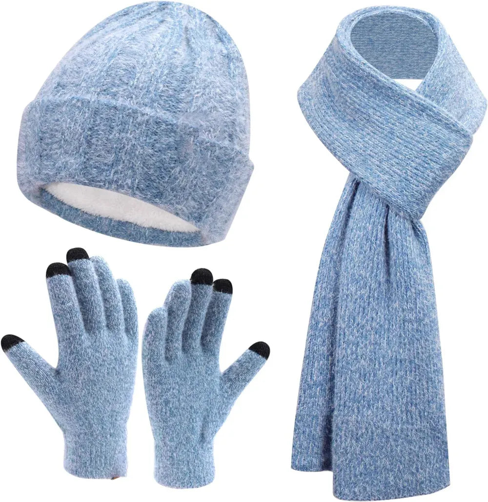 Womens Winter Warm Knit Beanie Hat Touchscreen Gloves Long Scarf Set with Fleece Lined Skull Caps Neck Scarves for Women Men