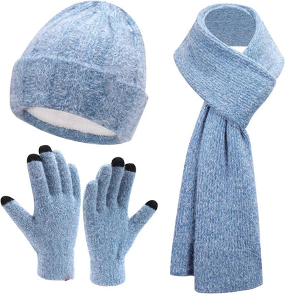 Womens Winter Warm Knit Beanie Hat Touchscreen Gloves Long Scarf Set with Fleece Lined Skull Caps Neck Scarves for Women Men