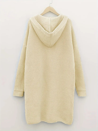 Plus Size Casual Cardigan, Women's Plus Solid Button Up Long Sleeve Hoodie Cardigan