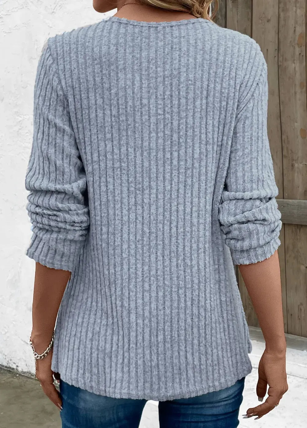 Dusty Blue Split Long Sleeve Round Neck T Shirt
