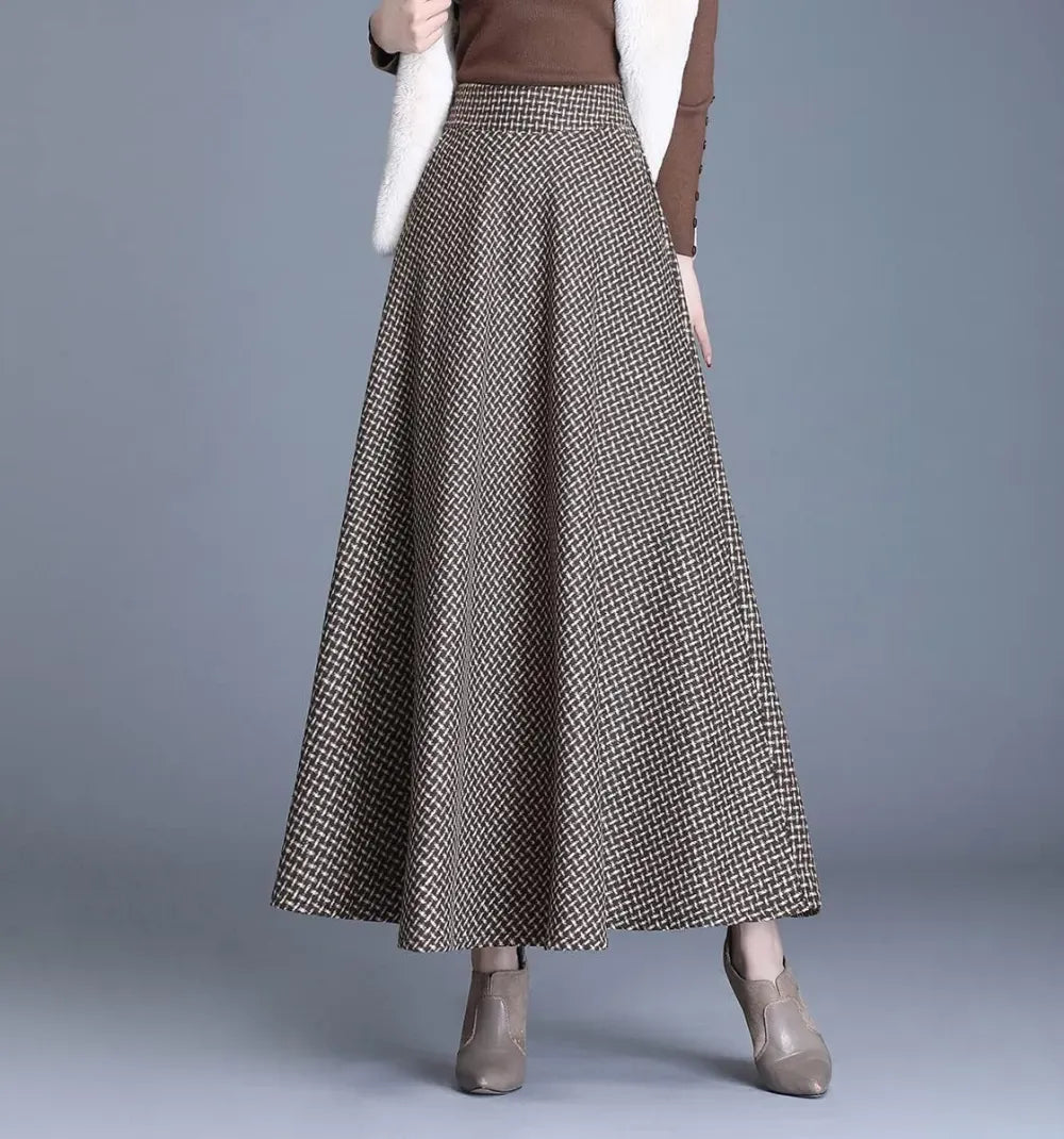 Women's Winter Elegant Warm Long Skirt Wool Maxi Skirts Elastic Waist A-Line High Waist Plaid Pleated Skirt S-3XL