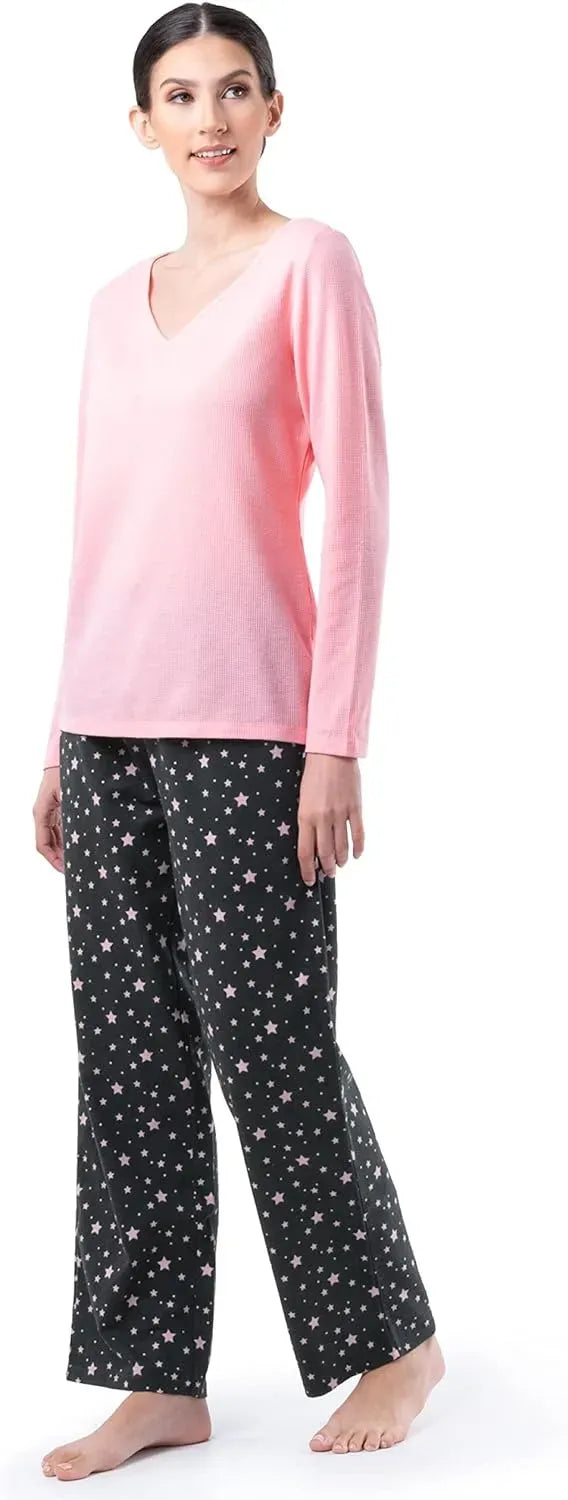 Fruit of the Loom Women's Waffle V-Neck Top and Flannel Pant Sleep Set