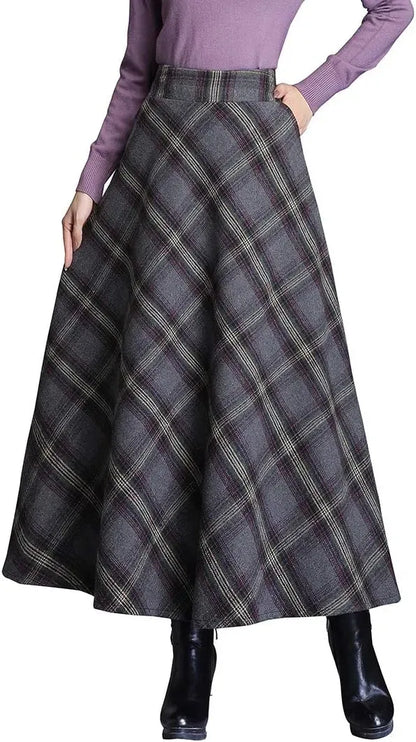 Women's Winter Elegant Warm Long Skirt Wool Maxi Skirts Elastic Waist A-Line High Waist Plaid Pleated Skirt S-3XL