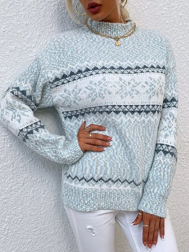 Women's Pullover Sweater Jumper Turtleneck Ribbed Knit Acrylic Knitted Fall Winter Christmas Daily Xmas Holiday Vintage Style Long Sleeve Snowflake Pink Blue Apricot S M L