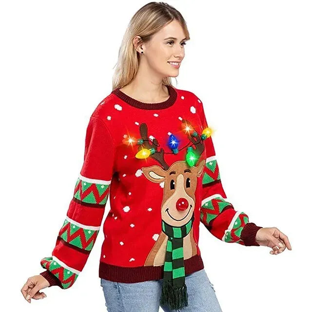 Womens LED Light Up Reindeer Ugly Christmas Sweater