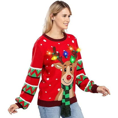 Womens LED Light Up Reindeer Ugly Christmas Sweater