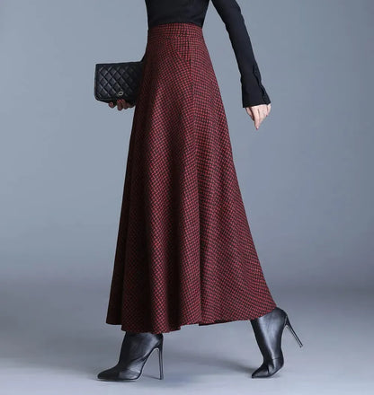 Women's Winter Elegant Warm Long Skirt Wool Maxi Skirts Elastic Waist A-Line High Waist Plaid Pleated Skirt S-3XL