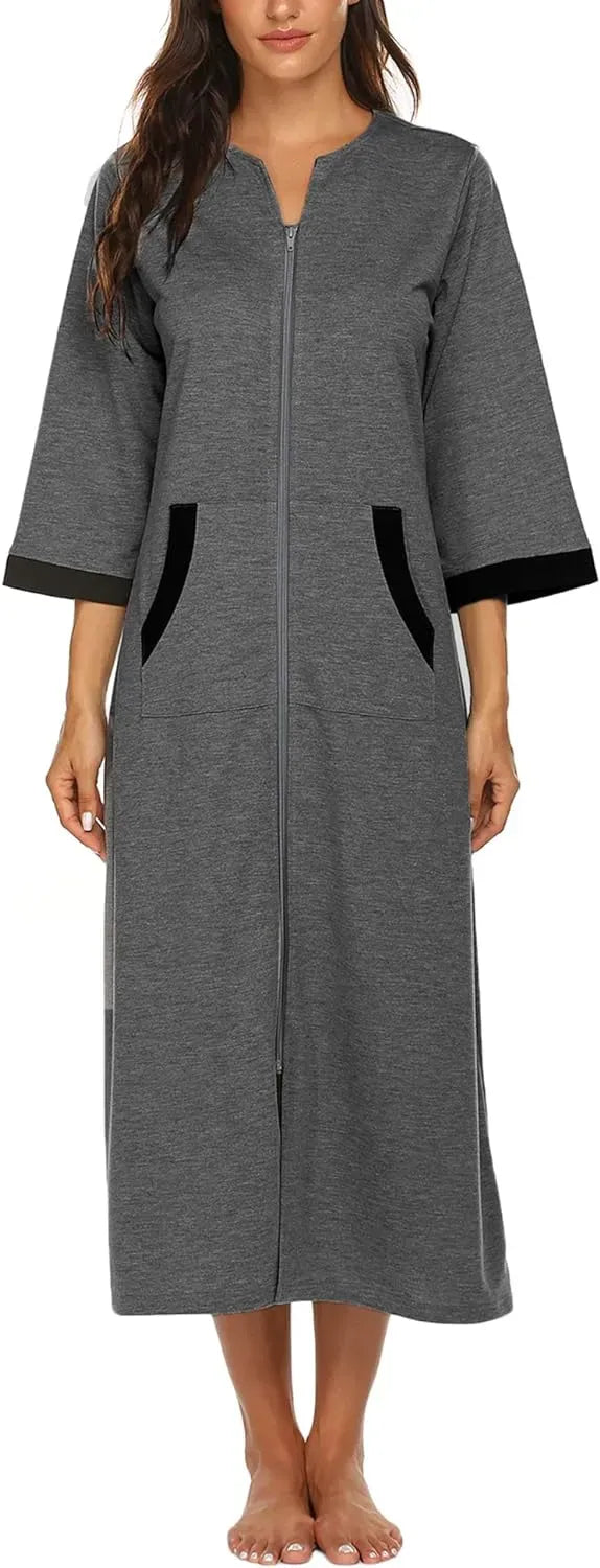 Women Zipper Robe 3/4 Sleeves Loungewear Dress Full Length Sleepwear Pockets Housecoat Nightgown Long Bathrobe