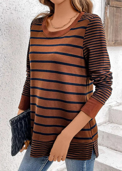 Dark Coffee Patchwork Striped Long Sleeve T Shirt