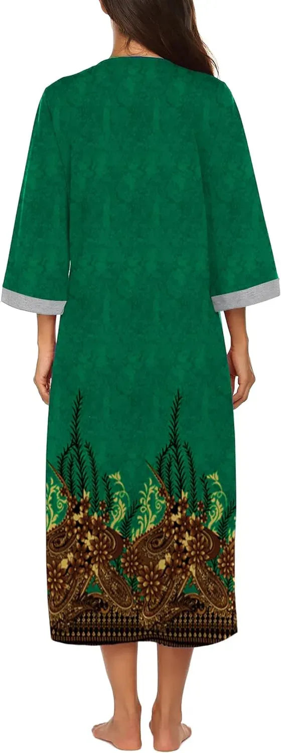 Women Zipper Robe 3/4 Sleeves Loungewear Dress Full Length Sleepwear Pockets Housecoat Nightgown Long Bathrobe