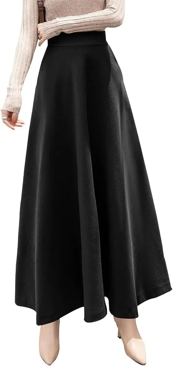 Women's Winter Elegant Warm Long Skirt Wool Maxi Skirts Elastic Waist A-Line High Waist Plaid Pleated Skirt S-3XL