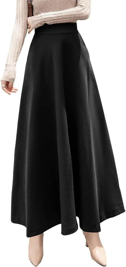 Women's Winter Elegant Warm Long Skirt Wool Maxi Skirts Elastic Waist A-Line High Waist Plaid Pleated Skirt S-3XL