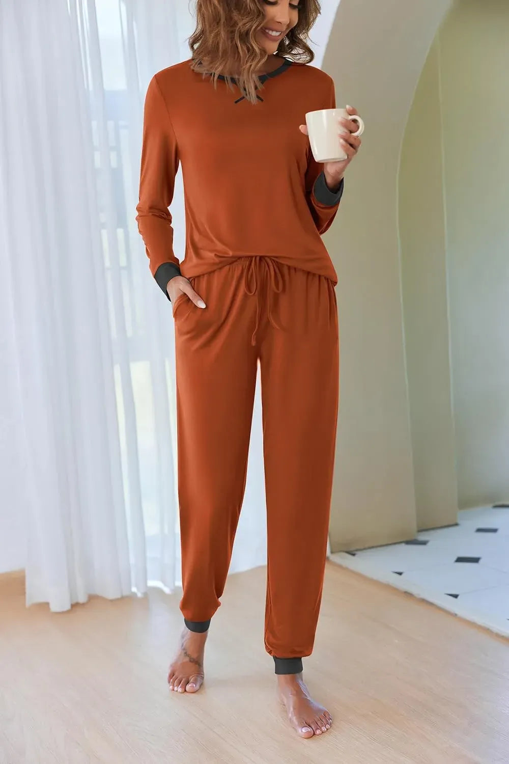 Women's Pajamas Sets Long Sleeve with Plaid Pants Soft Sleepwear O Neck 2 Piece Pjs Joggers Loung Set with Pockets