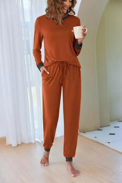 Women's Pajamas Sets Long Sleeve with Plaid Pants Soft Sleepwear O Neck 2 Piece Pjs Joggers Loung Set with Pockets
