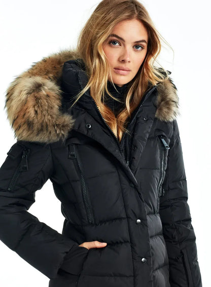 Stand-up collar down jacket with frayed trim cap