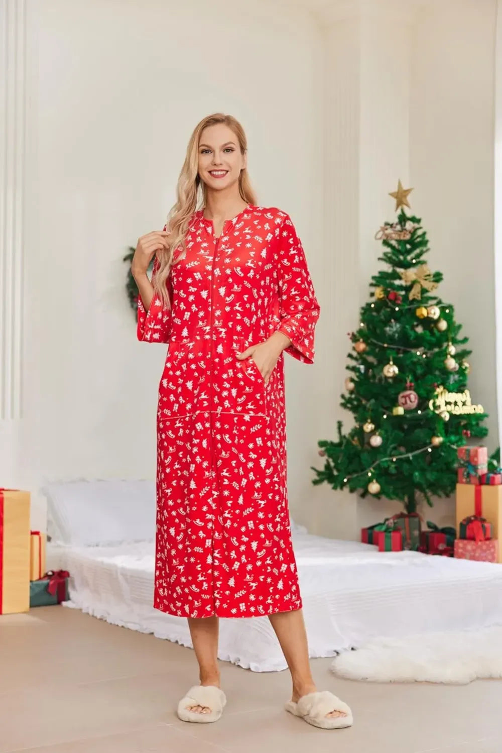 Women Zipper Robe 3/4 Sleeves Loungewear Dress Full Length Sleepwear Pockets Housecoat Nightgown Long Bathrobe