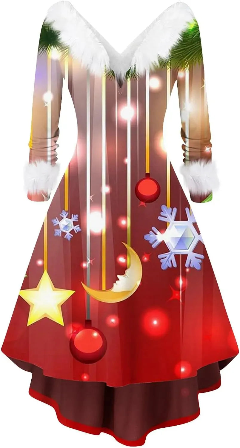 Womens Christmas Dress Fuzzy Mrs Claus Christmas Holiday Xmas Cocktail Holiday Party Flare Dress