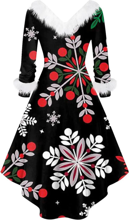 Womens Christmas Dress Fuzzy Mrs Claus Christmas Holiday Xmas Cocktail Holiday Party Flare Dress