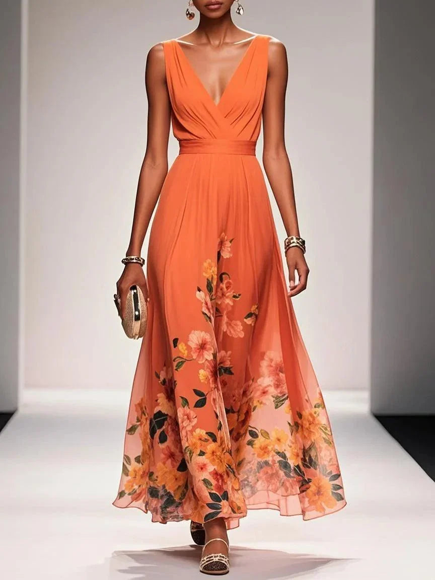 Light Blue Floral Chiffon V Neck Sleeveless A-Line Maxi Dress