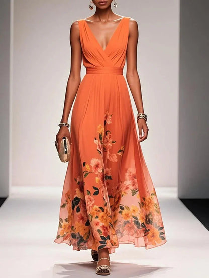 Light Blue Floral Chiffon V Neck Sleeveless A-Line Maxi Dress