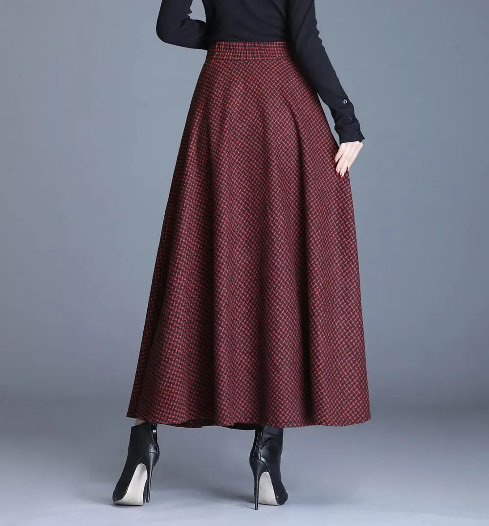 Women's Winter Elegant Warm Long Skirt Wool Maxi Skirts Elastic Waist A-Line High Waist Plaid Pleated Skirt S-3XL