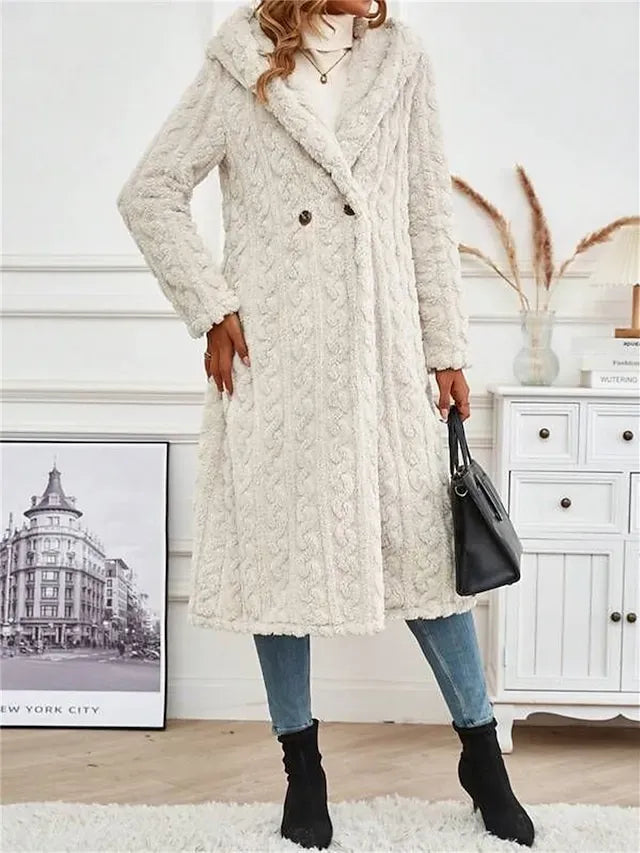 Women's Winter Coat Teddy Coat Coat Windproof Warm Outdoor Street Daily Wear Going out Button Fleece Lined Double Breasted Hoodie Fashion Plush Casual Minimalism Solid Color Regular Fit Outerwear