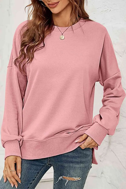 Round Neck  Dropped Shoulder Slit Sweatshirt AC