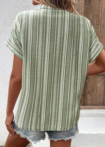 Multi Color Button Striped Short Sleeve Blouse