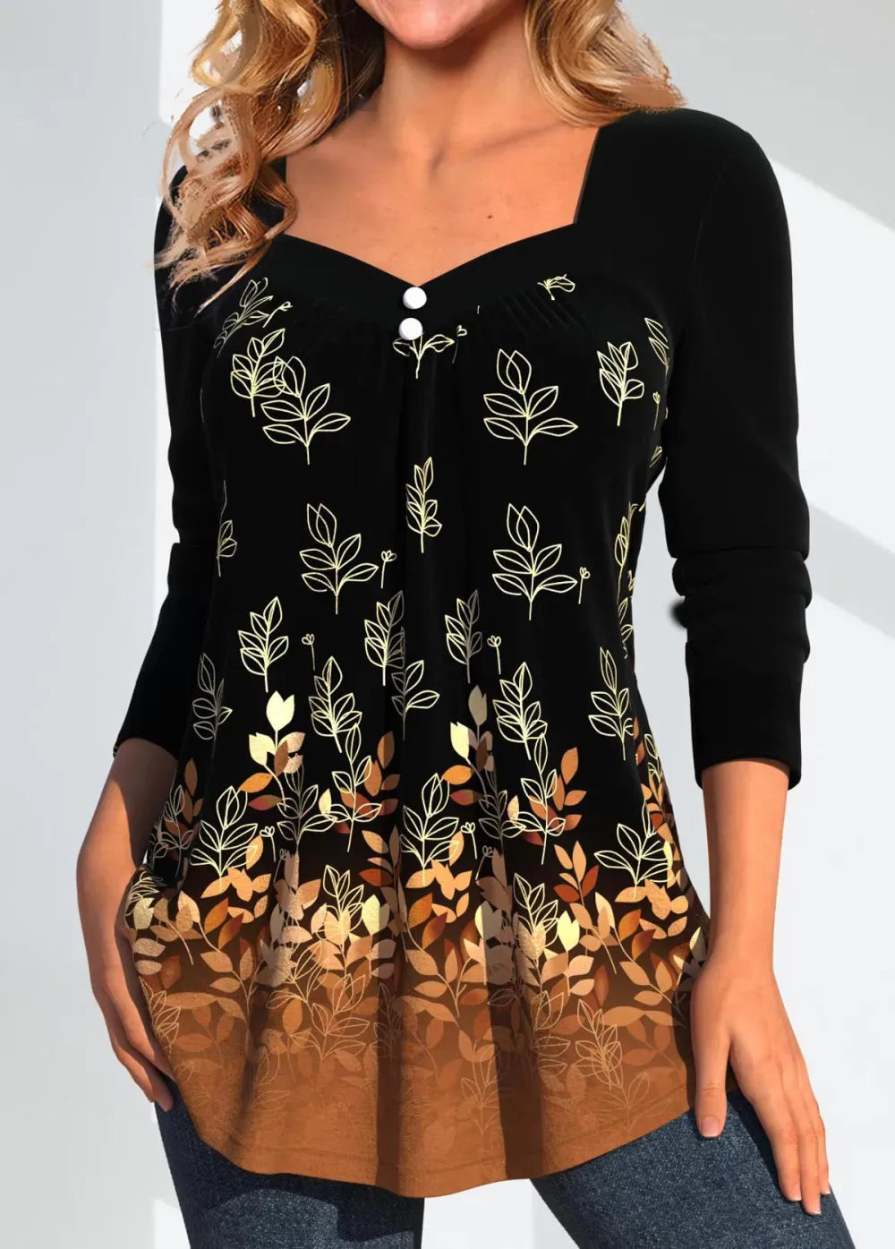 Dark Camel Button Random Floral Print T Shirt