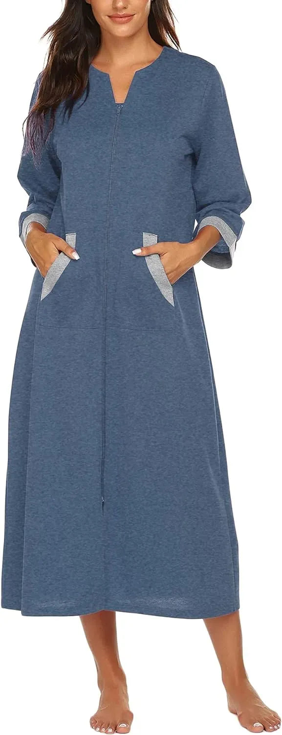 Women Zipper Robe 3/4 Sleeves Loungewear Dress Full Length Sleepwear Pockets Housecoat Nightgown Long Bathrobe
