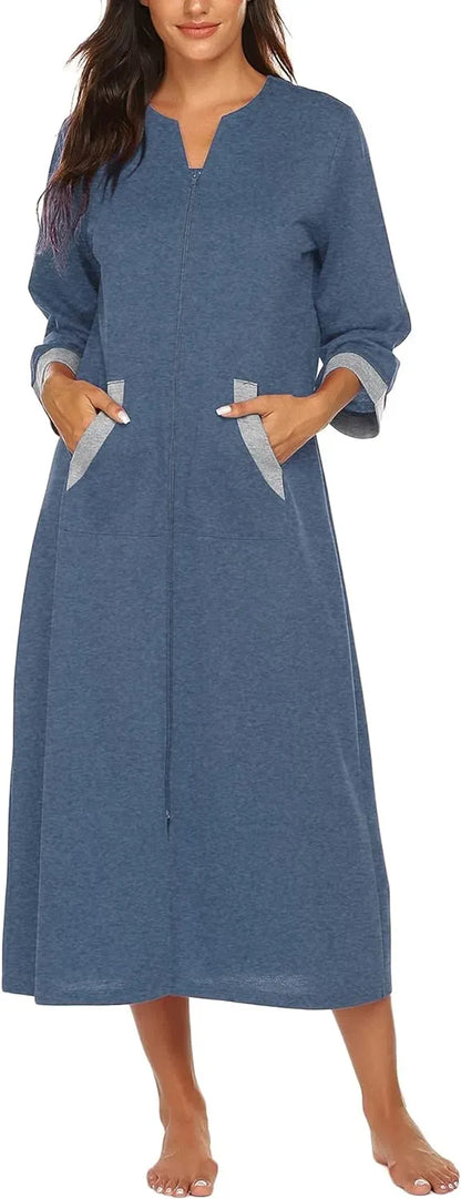Women Zipper Robe 3/4 Sleeves Loungewear Dress Full Length Sleepwear Pockets Housecoat Nightgown Long Bathrobe