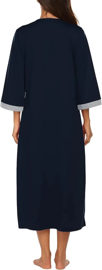 Women Zipper Robe 3/4 Sleeves Loungewear Dress Full Length Sleepwear Pockets Housecoat Nightgown Long Bathrobe