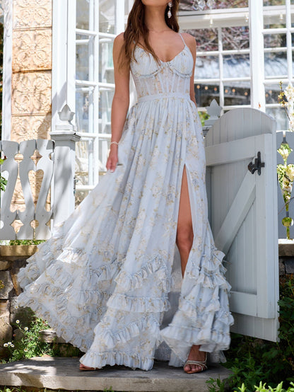 Floral Frill Split Maxi Dress