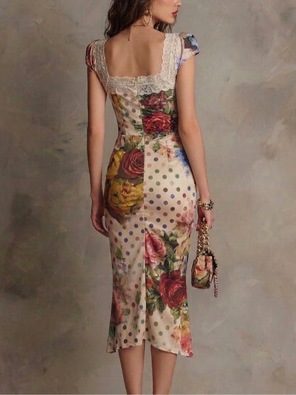 Polka Dot And Watercolor Floral Pattern Lace-trimmed Satin Midi Dress