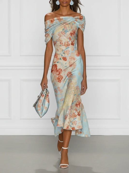 Blue Floral The Shoulder Sleeveless Mermaid Midi Dress