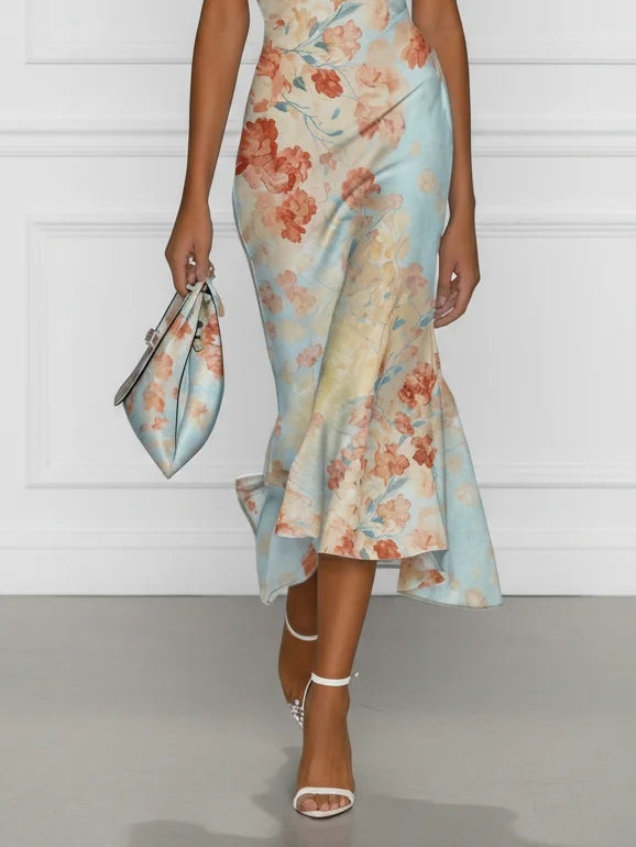 Blue Floral The Shoulder Sleeveless Mermaid Midi Dress