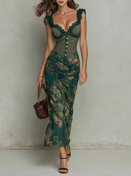 Retro Lace-trimmed Striped Floral Print Maxi Dress
