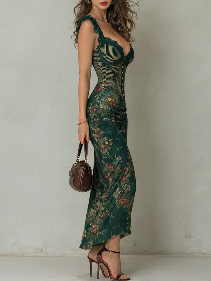 Retro Lace-trimmed Striped Floral Print Maxi Dress